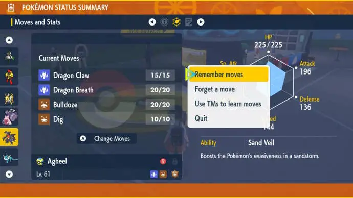 Páginas de cambios y movimientos vueltos a aprender en el resumen de Pokémon en Pokémon Escarlata y Violeta