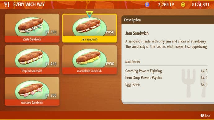 Menú de la tienda de sándwiches de Pokémon Scarlet y Violet