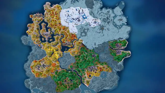 Ubicaciones de Fortnite Buggy: un mapa que muestra los mapas del Capítulo 4 de Fortnite, incluidas las áreas nevadas donde se pueden encontrar los buggies